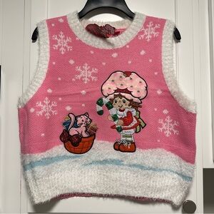 NWT Strawberry Shortcake Pink Knit Vest with Snowflake Candy-cane & Kitten